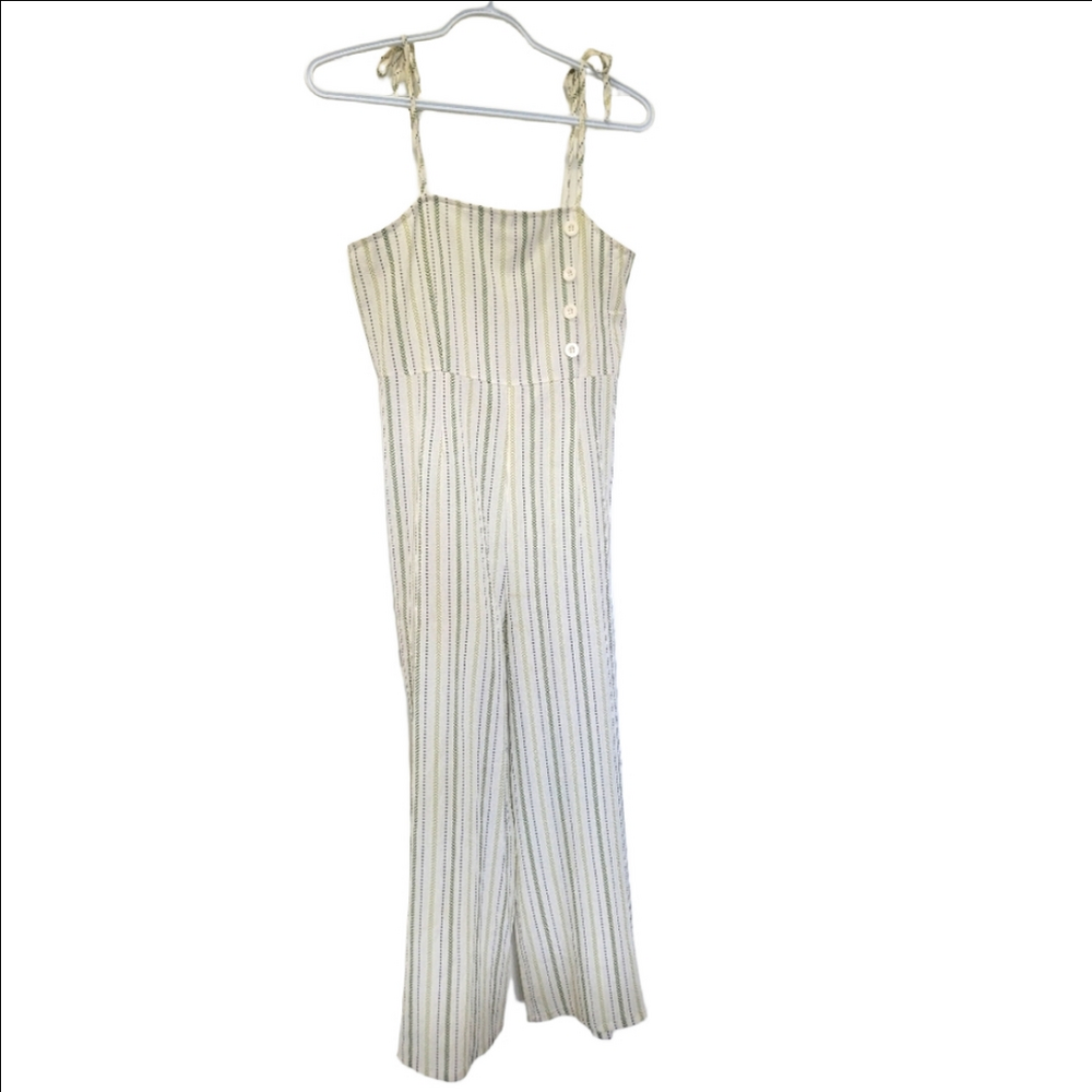 Linen blend adjustable shoulder jumpsuit Chevron detail cream and green Medium